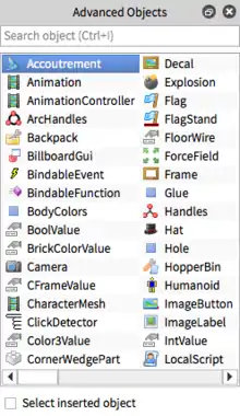 The advanced objects panel