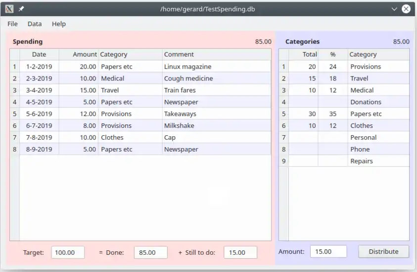 Cash Spending Application in Gambas, running