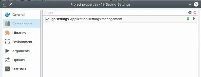Gambas Components window, looking for the Settings component