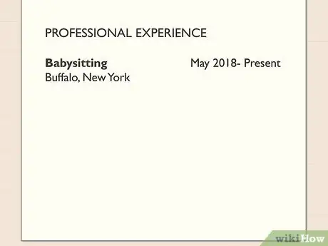 Image titled A babysitting work history entry on a resume.