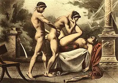 Illustration of a threesome between two men and a woman. (Plate XVIII)