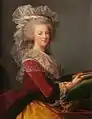 Three-quarter length portrait of a woman holding a book on a green velvet pillow. She is wearing a red and gold velvet dress adorned with a thin, white organza around the bosom and a gray wig, also adorned by thin, white material.