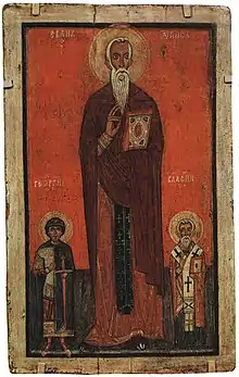 Thirteenth century icon of St. John Climacus; to either side are Saint George and Saint Blaise (Novgorod School).