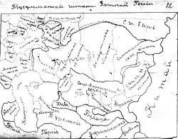 Map of the "Muslim states of Eastern Russia", which was created in mid-1918 during negotiations between the government of Alash Orda and Bashkiria, Alash Orda is marked as "Киргизія"