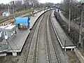 Northwest-bound passenger platforms at Kyiv-Volynskyi with ticket box and turnstiles