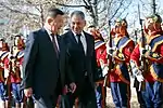 Sergey Shoigu and Nyamaagiin Enkhbold inspecting the guard in October 2018.