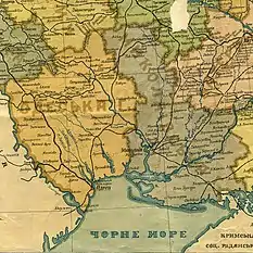 Map of Southern Ukraine before the World War II where Dzharylhach is a spit (sandbar), not an island