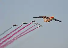 (2019) The colours of the Belarusian flag being interpreted during a flypast of the Belarusian Air Force during the Independence Day Parade in honor of the 75th anniversary of the Liberation of Belarus.