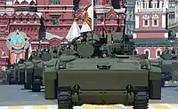Kurganets-25 APC (front) and IFV (rear) variants during the parade
