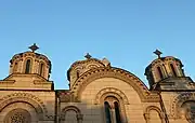 Top of the facade and detail of the domes of the Church of the Holy Trinity in Leskovac