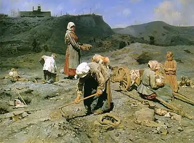 The Poor, Picking up Pieces of Coal; by Nikolay Kasatkin; 1894; oil on canvas; 80 x 107 cm; Russian Museum (Saint Petersburg, Russia)