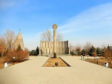 Church on the background of the Yerablur Military Pantheon