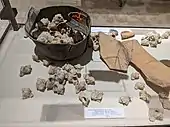 Murex shells from the Iron Age II period (10th-7th centuries BCE) with ancient remains of purple on the shards seen on the rights.