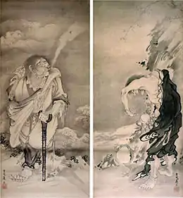 Soga Shōhaku (c. 1770) ink wash painting of Iron-Crutch Li and Liu Haichan (right)