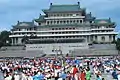 The Kim Il Sung square, with the Grand People's Study House, also known as the National Library of North Korea.