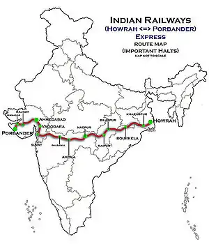 (Porbander–Howrah) Express route map