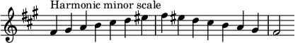  {
\override Score.TimeSignature #'stencil = ##f
\relative c' {
  \clef treble \key fis \minor \time 7/4
  fis4^\markup "Harmonic minor scale" gis a b cis d eis fis eis d cis b a gis fis2
} }
