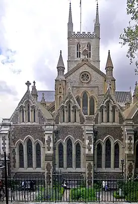 The east end of the church has three gables, and three lots of three simply Lancet windows. At the centre of the building is a simple tower with pinnacles.