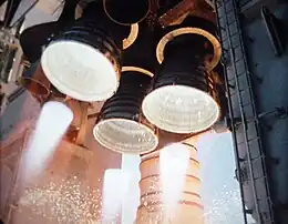 The three newly enhanced Space Shuttle Main Engines ignite to launch Space Shuttle Atlantis, 8 April 2002