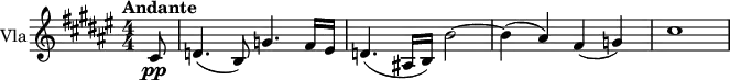  \relative c' { \set Staff.instrumentName = #"Vla" \set Staff.midiInstrument = #"viola" \clef treble \key fis \major \numericTimeSignature \time 4/4 \tempo "Andante" \partial 8*1 cis8\pp | d4.( b8) g'4. fis16 eis | d4.( ais!16 b) b'2~ | b4( ais) fis( g) | cis1 } 