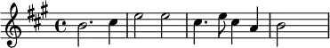 {\set Staff.midiInstrument = #"celesta" \key a \major \time 4/4 b'2. cis''4 e''2 e''2 | cis''4. e''8 cis''4 a'4 b'2 s}