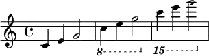  {

\relative c' {
   \clef treble 
   \time 4/4
   \key c \major
   c4 e g2
   \ottava #-1 c,4 e g2
   \ottava #-2 c,4 e g2
} }
