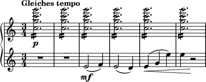 
{ \new PianoStaff <<
\new Staff \relative c'' { \set Staff.midiInstrument = #"piano" \key c \major \clef treble \time 3/4 \set Score.tempoHideNote = ##t \tempo "Gleiches tempo" 4 = 190
  <c g' c g'>2. \p :16 | % 2
  <c g' c g'>2. :16 | % 3
  <c g' c g'>2. :16 | % 4
  <c g' c g'>2. :16| % 5
  <c g' c g'>2. :16 | % 6
  <c g' c g'>2. :16
  }
\new Staff \relative e' { \set Staff.midiInstrument = #"piano" \key c \major \clef treble \time 3/4
  R2.*2 | % 3
  e2 \mf ( f4 ) | % 4
  e2 ( d4 ) | % 5
  e4 \< ( g4 e'4 ) | % 6
  e4 r2 \! }
>> }
