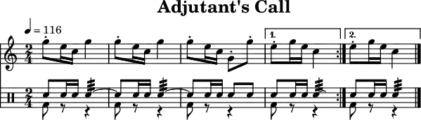 
\header {
  title   = "Adjutant's Call"
  tagline = ##f
}
\paper {
  #(layout-set-staff-size 18)
}
\score {
  <<
    \relative c''' {
    \tempo   4=116
    \key     c \major
    \time    2/4
    \set     Staff.midiInstrument = #"french horn"

    \repeat volta 2 {
      g8-. e16 c16 g'4
      g8-. e16 c16 g'4
      g8-. e16 c16 g8-. g'8-.

    }
    \alternative {
      {
        e8-. g16 e16 c4
      }
      {
        e8-. g16 e16 c4
        \bar "|."
      }
    }
  }
  \drums {
    \repeat volta 2 {
      << { sn8 sn16 sn16 sn4:32~     } \\ { bd8 r8 r4 } >>
      << { sn8 sn16 sn16 sn4:32~     } \\ { bd8 r8 r4 } >>
      << { sn8 sn16 sn16 sn8     sn8 } \\ { bd8 r8 r4 } >>
    }
    \alternative {
      {
        << { sn8 sn16 sn16 sn4:32 \laissezVibrer } \\ { bd8 r8 r4 } >>
      }
      {
        << { sn8 sn16 sn16 sn4:32  } \\ { bd8 r8 r4 } >>
        \bar "|."
      }
    }
  }
  >>
  \layout { }
  \midi   { }
}
