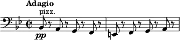 
\relative c {
  \new Staff {
    \set Staff.midiInstrument = #"pizzicato strings" \key bes \major \clef bass \time 2/2 \set Score.tempoHideNote = ##t \tempo "Adagio" 2 = 20
    bes8 \pp ^"pizz." r8 a8 r8 g8 r8 f8 r8 |
    e8 r8 f8 r8 g8 r8 a8 r8 |
  }
}
