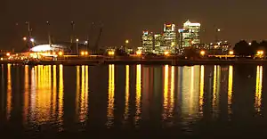 The O2 and Canary Wharf from the Royal Victoria Dock