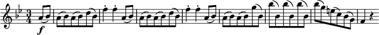 
\relative a' {
  \key bes \major \time 3/4
  \partial 4 a8( \f bes)
  a8( bes) a8( bes) d( bes)
  f'4-. f-. a,8( bes)
  a8( bes) a8( bes) d( bes)
  f'4-. f-. a,8( bes)
  a8( bes) a8( bes) g'( bes,)
  bes'8( bes,) bes'( bes,) bes'( bes,)
  bes'8( g) e( c) bes( g)
  f4 r
} 