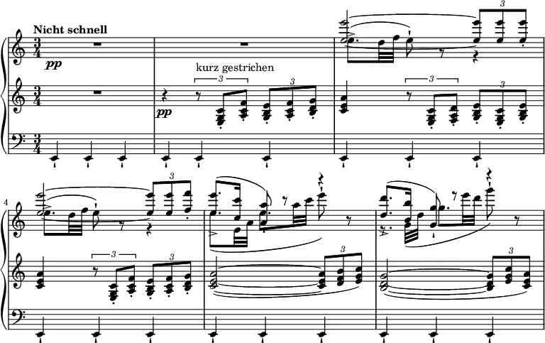 
{ \new PianoStaff <<
  \new Staff <<
    \set Score.tempoHideNote = ##t \new Voice \tempo "Nicht schnell" 4 = 120 \relative e'' {
  \clef "treble" \key a \minor \stemUp \set Staff.midiInstrument = #"piano" \time 3/4 | % 1
  s1. \pp | % 3
  <e e'>2 ~ ~ \once \override TupletBracket #'stencil = ##f
  \times 2/3  {
    <e e'>8 -! <e e'>8 <e e'>8 -.
  }
  | % 4
  <e e'>2 ~ ~ \once \override TupletBracket #'stencil = ##f
  \times 2/3  {
    <e e'>8 -! <e e'>8 <f f'>8 -.
  }
  | % 5
  <e e'>8. ^( -> <c c'>16 <a a'>8 ) -! r8 r4 | % 6
  <d d'>8. ^( -> <b b'>16 <g g'>8 ) -! r8 r4 }
  \relative e'' {
  \clef "treble" \key a \minor \stemDown \time 3/4 | % 1
  R2.*2 | % 3
  e8. ( -> d32 f32 e8 ) -! r8 r4
  | % 4
  e8. ( -> d32 f32 e8 ) -! r8 r4 | % 5
  e8. _( e,32 a32 e'8. a32 c32 e8 ) -! r8 | % 6
  r8. g,,32 _( d'32 g8. e'32 d32 g8 ) -! r8 } >>
\new Staff \relative e { \set Staff.midiInstrument = #"piano" \key a \minor \clef treble \time 3/4
  R2. | % 2
  r4 \pp \times 2/3 {
    r8 ^"kurz gestrichen" <e g c>8 -. <a c f>8 -.
  }
  \once \override TupletBracket #'stencil = ##f
  \times 2/3  {
    <g b e>8 -. <a c f>8 -. <b d g>8 -.
  }
  | % 3
  <c e a>4 \times 2/3 {
    r8 <e, g c>8 -. <f a d>8 -.
  }
  \once \override TupletBracket #'stencil = ##f
  \times 2/3  {
    <g b e>8 -. <e g c>8 -. <g b e>8 -.
  }
  | % 4
  <c e a>4 \times 2/3 {
    r8 <e, g c>8 -. <a c f>8 -.
  }
  \once \override TupletBracket #'stencil = ##f
  \times 2/3  {
    <g b e>8 -. <a c f>8 -. <b d g>8 -.
  }
  | % 5
  <c e a>2 ( ~ ~ ~ \once \override TupletBracket #'stencil = ##f
  \times 2/3  {
    <c e a>8 <d f b>8 <e g c>8 )
  }
  | % 6
  <b d g>2 ( ~ ~ ~ \once \override TupletBracket #'stencil = ##f
  \times 2/3  {
    <b d g>8 <e g c>8 <c e a>8 )
  } }
\new Staff \relative e, { \set Staff.midiInstrument = #"piano" \key a \minor \clef bass \time 3/4
  e4 -! e4 -! e4 -! | % 2
  e4 -! e4 -! e4 -! | % 3
  e4 -! e4 -! e4 -! | % 4
  e4 -! e4 -! e4 -! | % 5
  e4 -! e4 -! e4 -! | % 6
  e4 -! e4 -! e4 -! }
>> }
