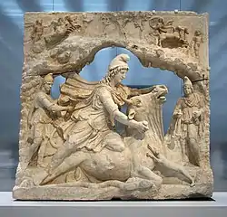 Image 53Marble relief of Mithras slaying the bull (2nd century, Louvre-Lens); Mithraism was among the most widespread mystery religions of the Roman Empire. (from Culture of ancient Rome)