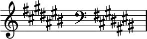 { \new Staff \with{ \magnifyStaff #3/2 } << \time 2/16 \override Score.TimeSignature #'stencil = ##f { \clef treble \key ais \minor s16 \clef bass \key ais \minor s16 } >> }