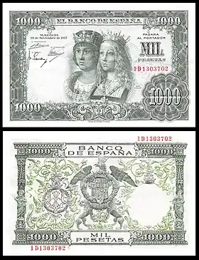 Image 8Spanish pesetaBanknote: Bank of SpainThe Spanish peseta is a former currency of Spain and, alongside the French franc, a former de facto currency in Andorra. It was introduced in 1868, replacing the peso, at a time when Spain was considering joining the Latin Monetary Union. Spain joined the euro in 1999, and the peseta was replaced by euro notes and coins in 2002.This picture shows a 1000 peseta banknote from 1957. The obverse depicts the Catholic Monarchs while the reverse shows the coat of arms of Spain.More selected pictures