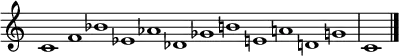   {
\override Score.TimeSignature #'stencil = ##f
\relative c' { \key c \major \set Score.tempoHideNote = ##t \tempo 1 = 60 \time 12/1
  c1 f bes ees, aes des, ges b e, a d, g | c, \bar "|."
} }
\layout { \context {\Score \omit BarNumber} line-width = #100 }
