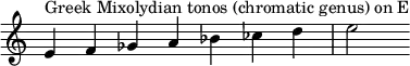  {
\override Score.TimeSignature #'stencil = ##f
\relative c' { 
  \clef treble \time 7/4
  e4^\markup { Greek Mixolydian tonos (chromatic genus) on E } f ges a bes ces d e2
} }
