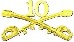 A computer-generated reproduction of the insignia of the Union Army 10th Regiment cavalry branch: The insignia is displayed in gold and consists of two sheafed swords crossing over each other at a 45° angle pointing upwards with a Roman numeral 10