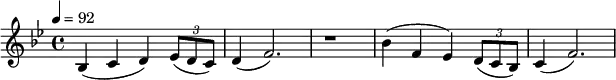 
\relative c'
{ 
\set Staff.midiInstrument = #"french horn"
\key bes 
\major
\time 4/4 
\tempo 4 = 92
bes4( c d) \times 2/3 {es8( d c)} 
d4( f2.) 
r1
bes4( f es) \times 2/3 {d8( c bes)}
c4( f2.)
}
