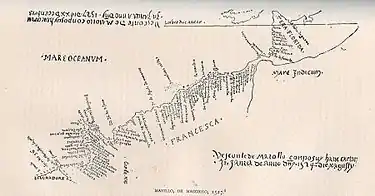 Image 7Map of North America by Vesconte Maggiolo after an earlier map made on the Verrazzano expedition of 1524. The narrow isthmus of land separating "Tera Florida" from "Francesca" is the Outer Banks of North Carolina. Cape Fear is labeled "C. de la Forest". (from History of North Carolina)