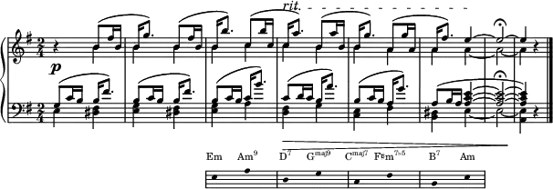  { <<
  \new Dynamics {
    s2 s s4 s \tempo 8 = 87 s-"rit." \tempo 8 = 82 s \tempo 8 = 77 s \tempo 8 = 72 s
  }
 \new PianoStaff <<
  \new Staff \with{ \magnifyStaff #3/4 } << 
   \new Voice \relative c' {
   \key e \minor \clef treble \set Score.tempoHideNote = ##t \tempo 8 = 92 \time 2/4 \stemUp \slurUp \tieUp
    r4 b'8( fis'16 b, | b g'8.) b,8( fis'16 b, | b b'8.) c,8( b'16 c, | c a'8.^\startTextSpan) b,8( a'16 b, | b g'8.) a,8( g'16 a, | a fis'8.) e4 ~ \stopTextSpan e2 \fermata ~ e4 r \bar "|."
   }
   \new Voice \relative c' {
   \stemDown \tieDown
    s4 b'4 b b b c c b b a a a ~ a2 ~ a4 s4
   }
  \new Dynamics {
    \p
  }
  \new Staff \with{ \magnifyStaff #3/4 } <<
   \new Voice \relative c' { 
    \key e \minor \clef bass \time 2/4 \stemUp \slurUp \tieUp
    g8( c16 b b fis'8.) | b,8( c16 b b fis'8.) | b,8( c16 b c b'8.) | c,8( d16 c b a'8.) | b,8( c16 b a g'8.) | a,8( b16 a ~ <a c e>4 ~ <a c e>2 \fermata ~ <a c e>4) r | 
   }
   \new Voice \relative c' { 
    \stemDown \tieDown
    e,4 <dis fis> | <e g> <dis fis> | <e g> a | <d, fis> g | <c, e> fis | <b, dis> e4 ~ e2 ~ <a, e'>4 s
   }
  \new Dynamics {
    s2 s s s\> s s s s \!
  }
 >> >> >>
 \new Staff = "chords" \with {
      \remove "Time_signature_engraver"
      \magnifyStaff #2/3
    } \relative c' 
 { \hide Staff.KeySignature \hide Staff.Clef \key e \minor \clef bass
 { \hide Stem \stopStaff \once \hide \p s2 s \startStaff e,8 s a s d, s g s c, s fis s b, s e s \stopStaff}} 
\addlyrics \with { alignAboveContext = "chords" \override VerticalAxisGroup.nonstaff-relatedstaff-spacing = #'((basic-distance . 3)) } { \override LyricText.font-size = #-3 Em \markup{\concat{Am\super{9}}} \markup{\concat{D\super{7}}} \markup{\concat{G\super{maj9}}} \markup{\concat{C\super{maj7}}} \markup{\concat{F♯m\super{7♭5}}} \markup{\concat{B\super{7}}} Am}
>>
 }
\layout { line-width = #150 }
