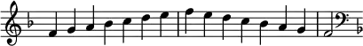   {
\override Score.TimeSignature #'stencil = ##f
\relative c' {
  \clef treble \key f \major \time 7/4 f4 g a bes c d e f e d c bes a g f2
  \clef bass \key f \major
} }
