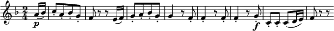  { \relative a' { \key f \major \time 2/4
\partial 8 a16( \p bes) | c8-.[ a-. bes-. g-.] | f8 r r e16( f) | g8-.[ a-. bes-. g-.] |
g4 r8 f-. | f4-. r 8 f-. | f4-. r 8 g-. \f | c,8-. c-. c( d16 e) | f8 r r
}}