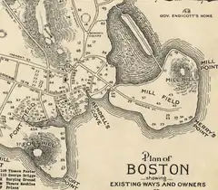 Detail of map of Boston showing Bendell's Cove in 1635 (which later became Town Dock and Dock Square, c. 1708)