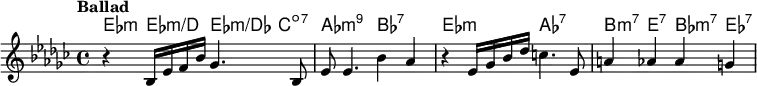 
\relative c' { 
<<
\new ChordNames { 
\set chordChanges = ##t
\chordmode {  
es:m es:m/d es:m/des c:dim7 | aes2:min9 bes:7 | es:m as:7 | b4:m7 e:7 bes:m7 es:7
}
}
\new Staff {
\tempo "Ballad"
\key es \minor
\set Score.tempoHideNote = ##t
\tempo 4 = 60
r4 bes16 es f bes ges4. bes,8 | es es4. bes'4 aes | r es16 ges bes des c4. es,8 | a4 aes aes g |
}
>>
}
