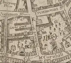 Detail of 1743 map of Boston by William Price, showing School Street and vicinity