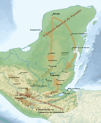 Map of the Yucatán Peninsula, jutting northwards from an isthmus running northwest to southeast. The Captaincy General of Yucatán was located in the extreme north of the peninsula. Mérida is to the north, Campeche on the west coast, Bacalar to the east and Salamanca de Bacalar to the southeast, near the east coast. Routes from Mérida and Campeche joined to head southwards towards Petén, at the base of the peninsula. Another route left Mérida to curve towards the east coast and approach Petén from the northeast. The Captaincy General of Guatemala was to the south with its capital at Santiago de los Caballeros de Guatemala. Several colonial towns roughly followed a mountain range running east-west, including Ocosingo, Ciudad Real, Comitán, Ystapalapán, Huehuetenango, Cobán and Cahabón. A route left Cahabón eastwards and turned north to Petén. Petén and the surrounding area contained a number of native settlements. Nojpetén was situated on a lake near the centre; several settlements were scattered to the south and southwest, including Dolores del Lacandón, Yaxché, Mopán, Ixtanché, Xocolo and Nito. Tipuj was to the east. Chuntuki, Chunpich and Tzuktokʼ were to the north. Sakalum was to the northeast. Battles took place at Sakalum in 1624 and Nojpetén in 1697.