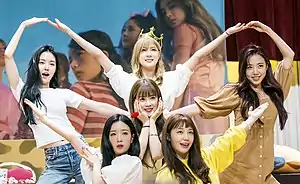 Apink in July 2018(From left to right: Na-eun (former), Bo-mi, Ha-young, Cho-rong, Eun-ji, Nam-joo)