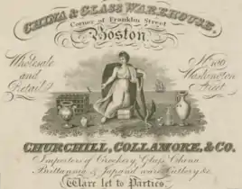 Churchill, Collamore, & Co., China & Glass Warehouse, corner of Franklin and Washington St., c. 1825