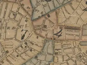 Detail of 1826 map of Boston, showing Market Street (renamed Cornhill in 1828)